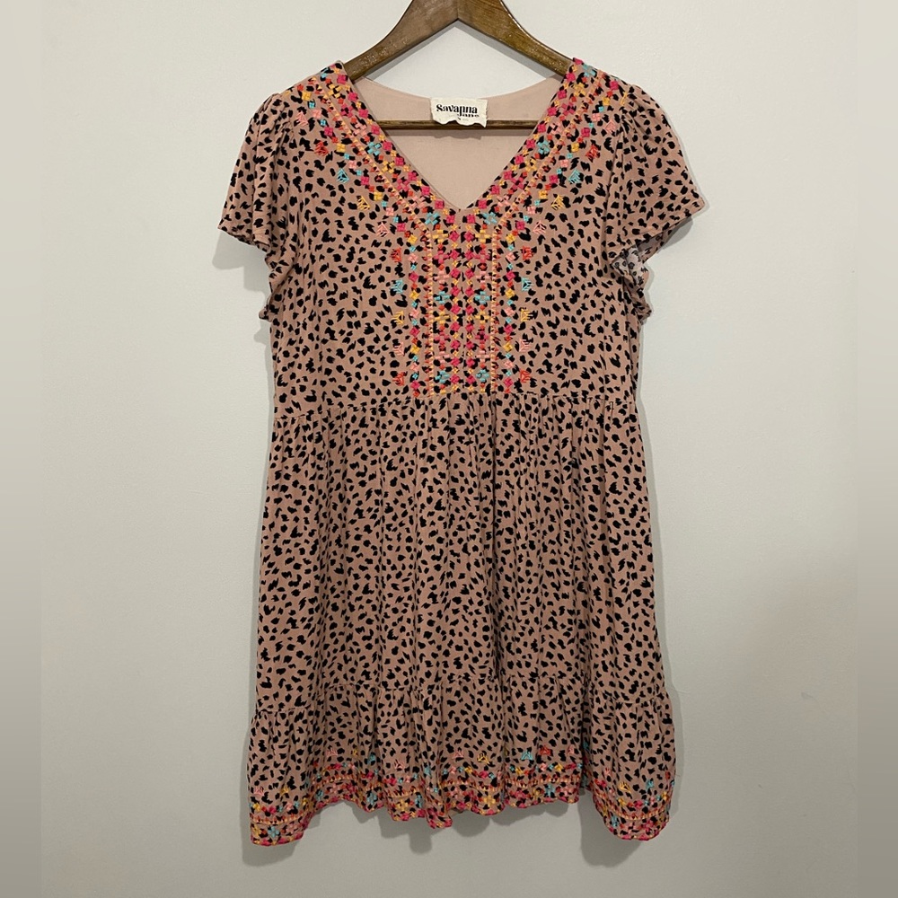 Savanna Jane Boho Festival Leopard Embroidered Tiered Dress Size Medium Babydoll - Picture 5 of 9
